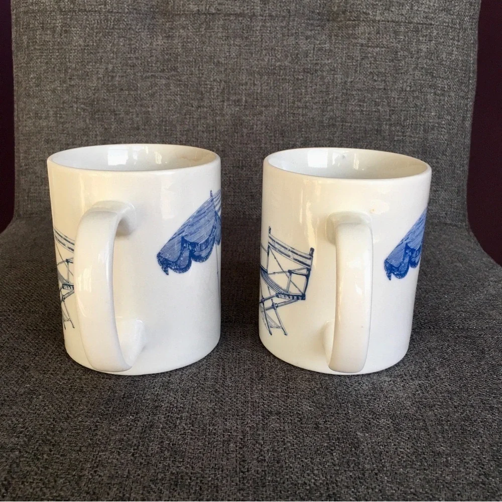 Set/2 Coastal Beach Chair Scene Coffee Mugs, White, Blue, 11 oz